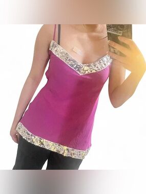 SilkLand Pink & Silver Sequin Silk Camisole Tank Top Y2K